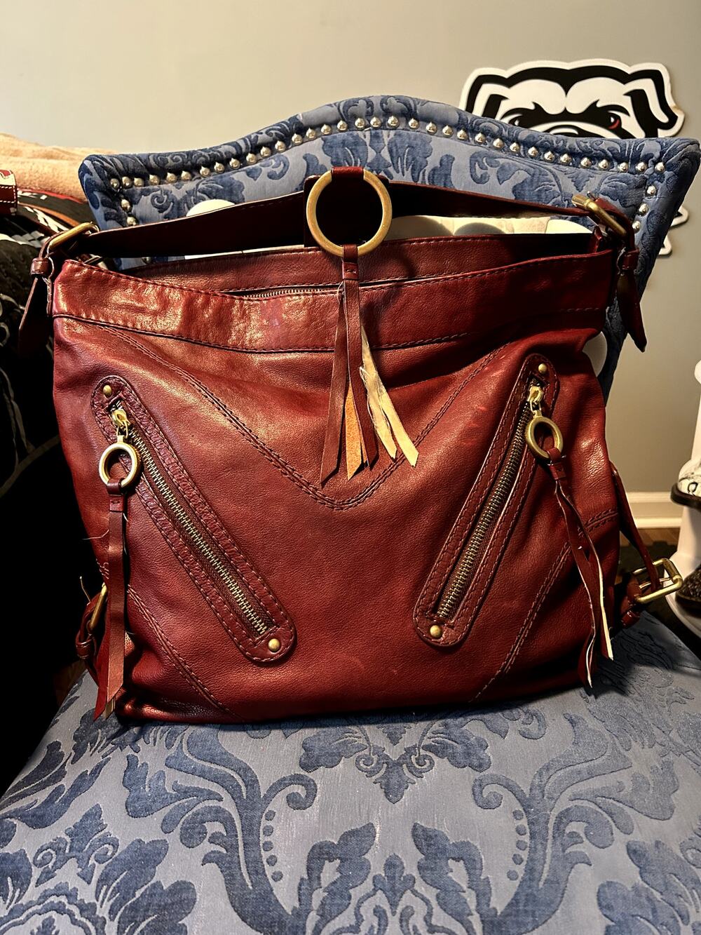 Vintage Via Spiga Burgundy Red Hobo Diagonal Zippers